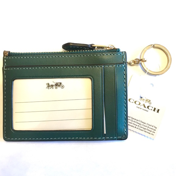 NWT Coach Signature ID Keychain Zippy Wallet Pouch Khaki and Dark Turquoise - Picture 2 of 3